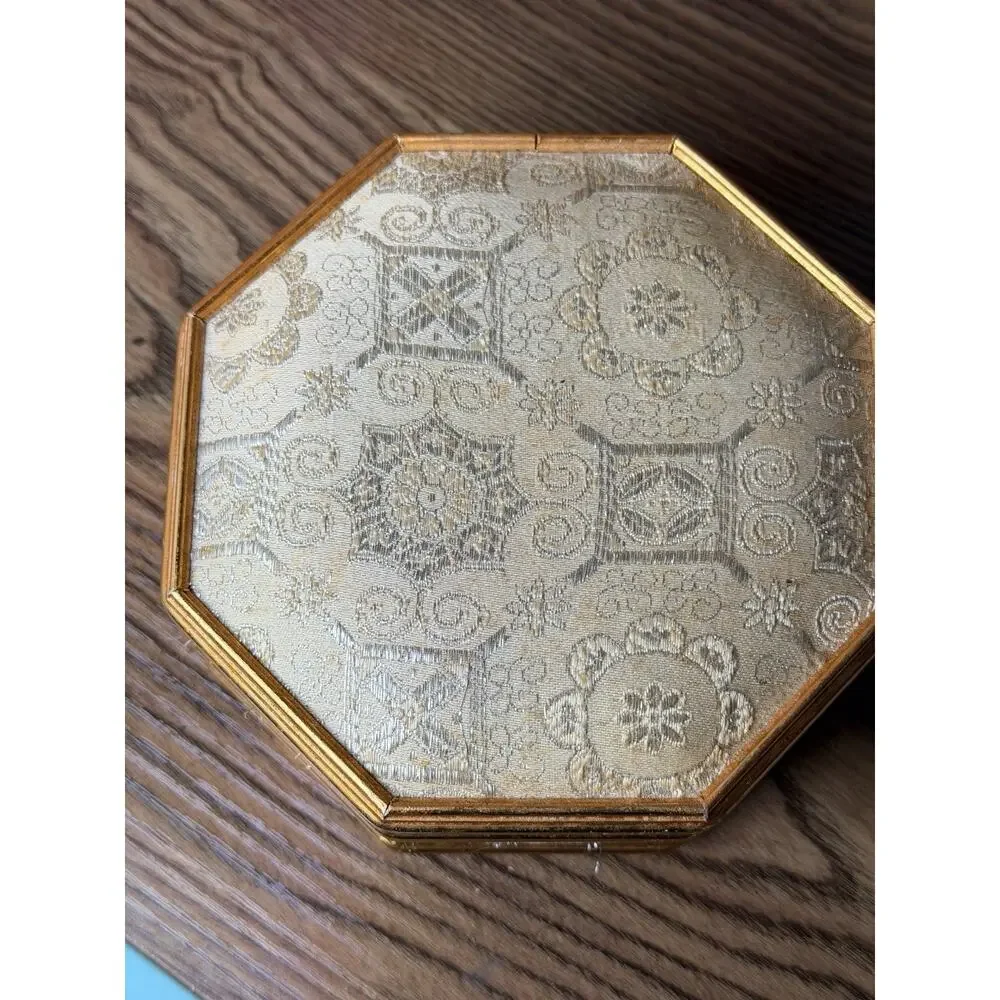 Vintage MCM Octagon Mirrored Brocade Jewelry Box - Gold Silver Threaded